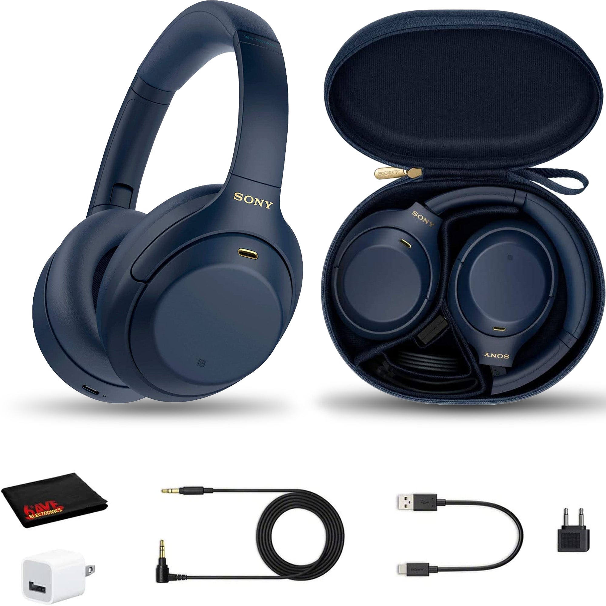Sony WH-1000XM4 Wireless Noise Canceling Overhead Headphones with Mic for Phone-Call, Voice Control, With USB Wall Adapter and MicroFiber Cleaning Cloth - Bundle
