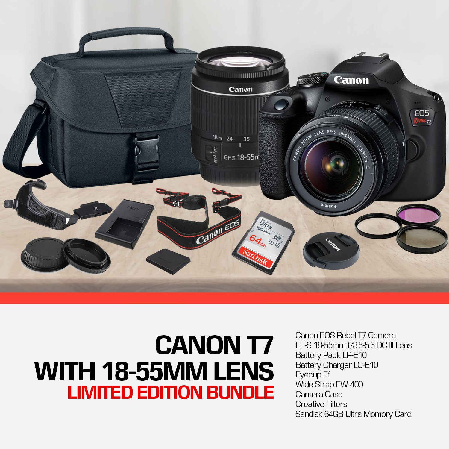 Canon Rebel T7 DSLR Camera with 18-55mm DC III Lens Kit & Sandisk 64GB Ultra Speed Memory Card, Carrying Case | Limited Edition