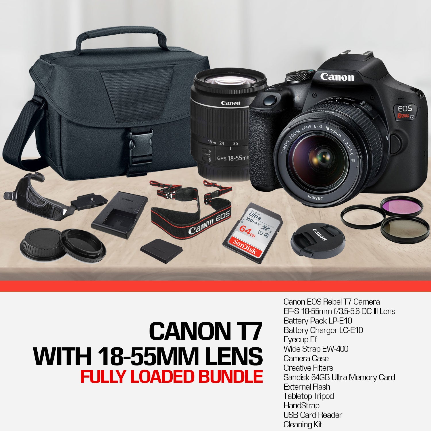 Canon Rebel T7 DSLR Camera with 18-55mm DC III Lens and 64GB Ultra Speed Memory Card, Case, Cleaning Kit, Flash Bundle