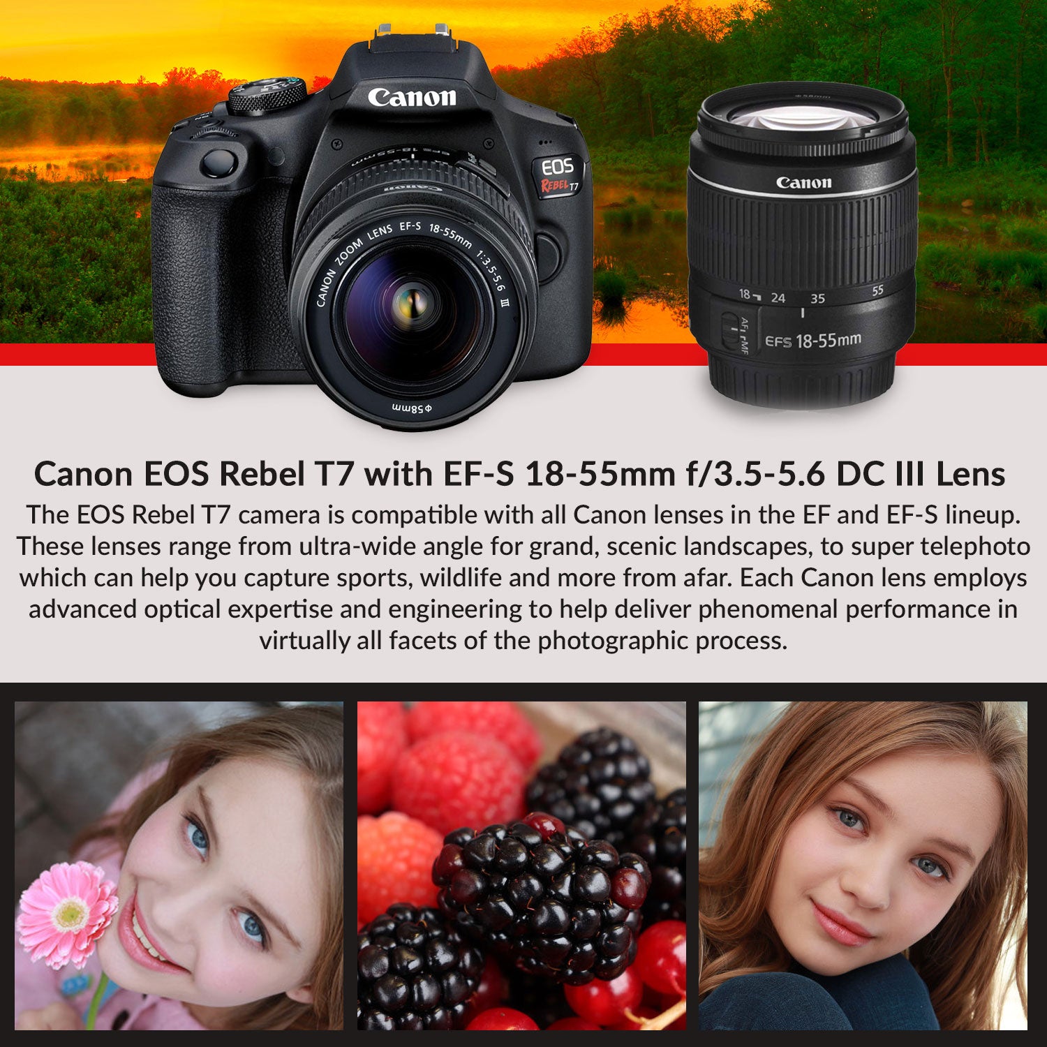 Canon Rebel T7 DSLR Camera with 18-55mm DC III Lens and 64GB Ultra Speed Memory Card, Case, Cleaning Kit, Flash Bundle