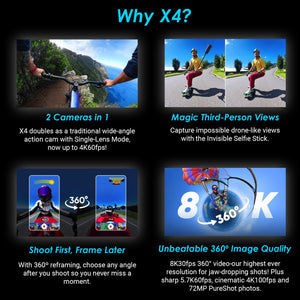 Insta360 X4 - Waterproof 360 Action Camera + 2 Extra Batteries + Charger + More