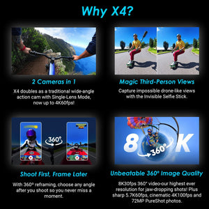 Insta360 X4 - Waterproof 360 Action Camera + 2 Extra Batteries + Charger + More