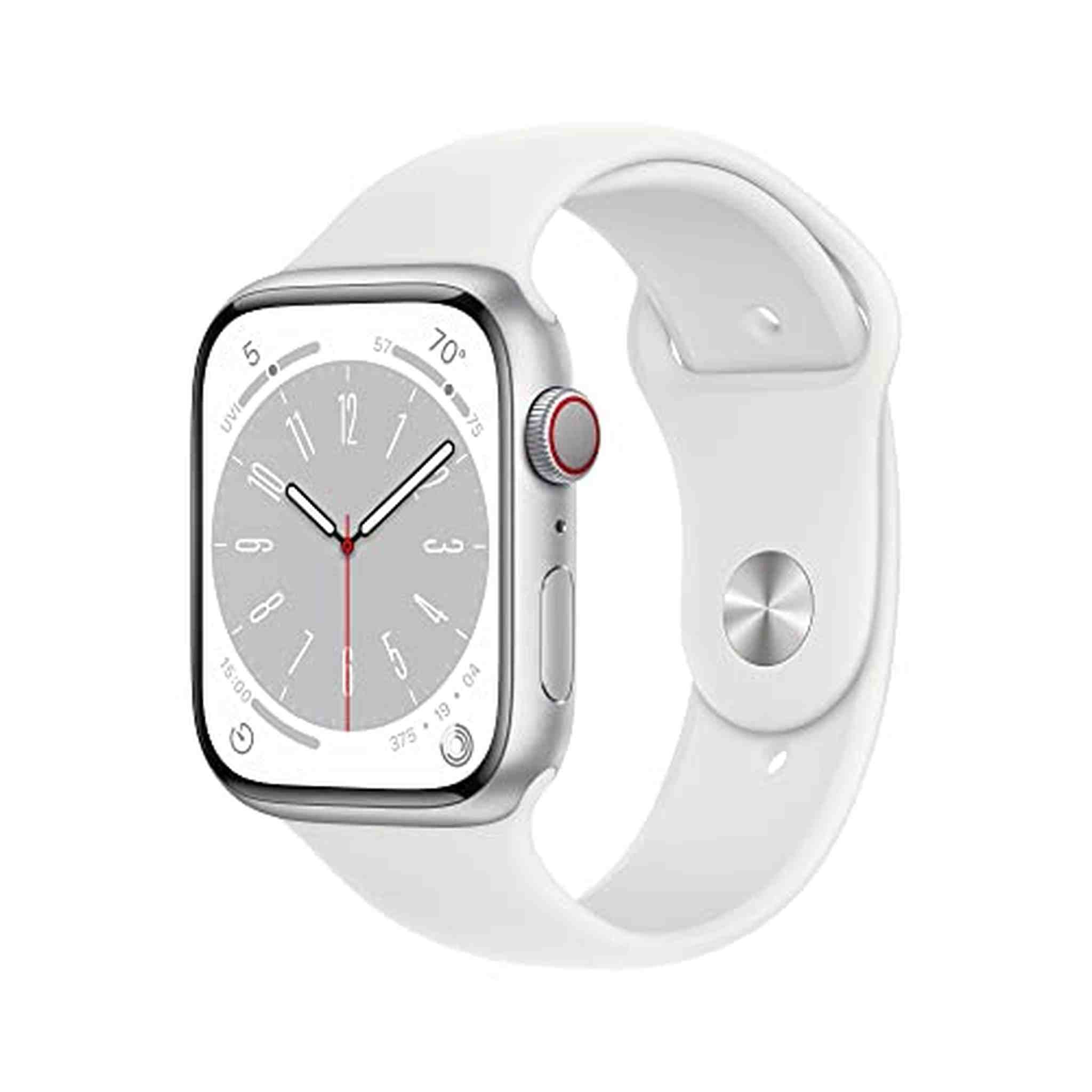 Apple Watch Series 8 GPS + Cellular 45mm Smart Watch w/ Silver Aluminum Case with White Sport Band - S/M. Apple