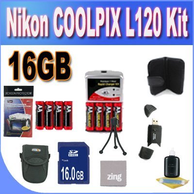 Nikon COOLPIX L120 16GB Accessory Saver Kit (16GB SDHC Memory Card+2 Sets of 4 NIMH Rechargeable AA Batteries+ Rapid Battery Charger + Memory Card Wallet+ Accessory Kit)