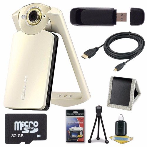 6Ave Casio EX-TR60 Self Portrait/Selfie Digital Camera (Silky White) + 32GB microSD Class 10 Memory Card + Micro HDMI Ca