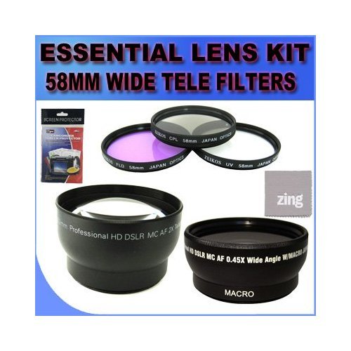 Essential Camera & Camcorder Starter kit, 58MM 0.45X High Definition Super Wide Angle Lens w/ Macro , 58MM 2X Telephoto High Definition Lens , 58MM Multi-Coated 3 Piece Filter Kit And More!!!!