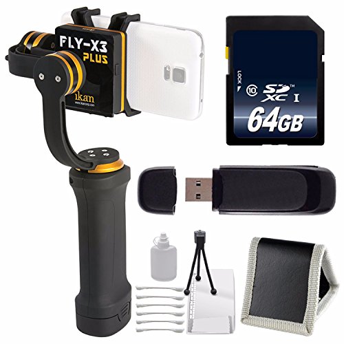 ikan FLY-X3-Plus 3-Axis Smartphone Gimbal Stabilizer with GoPro Mount + 64GB Memory Card + Deluxe Starter Kit Bundle