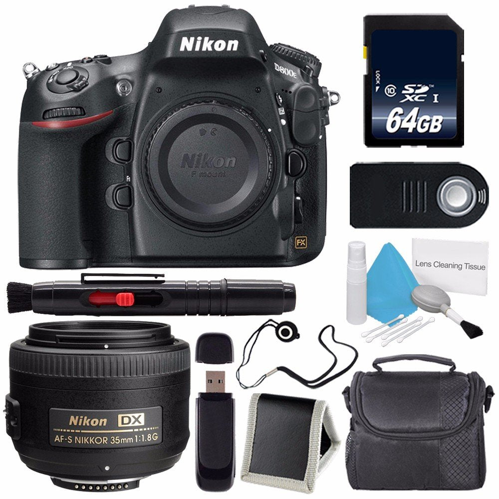 Nikon D800E Digital Camera (Body Only) (International Model) + Nikon AF-S DX NIKKOR 35mm f/1.8G Lens + 64GB Memory Card Outdoor Bundle