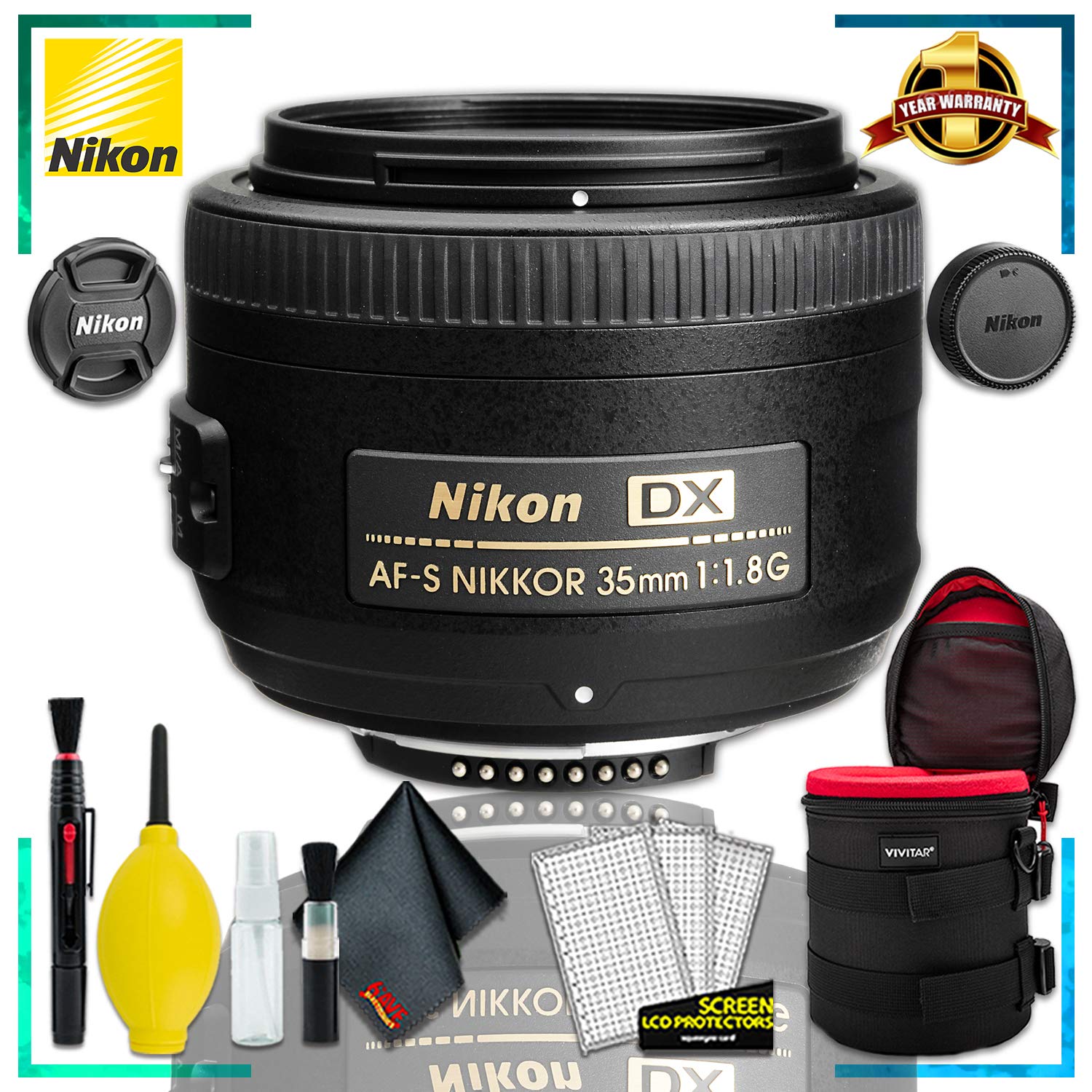 Nikon AF-S DX NIKKOR 35mm f/1.8G Lens + 4.5 inch Vivitar Premium Lens Case + Cleaning Kit