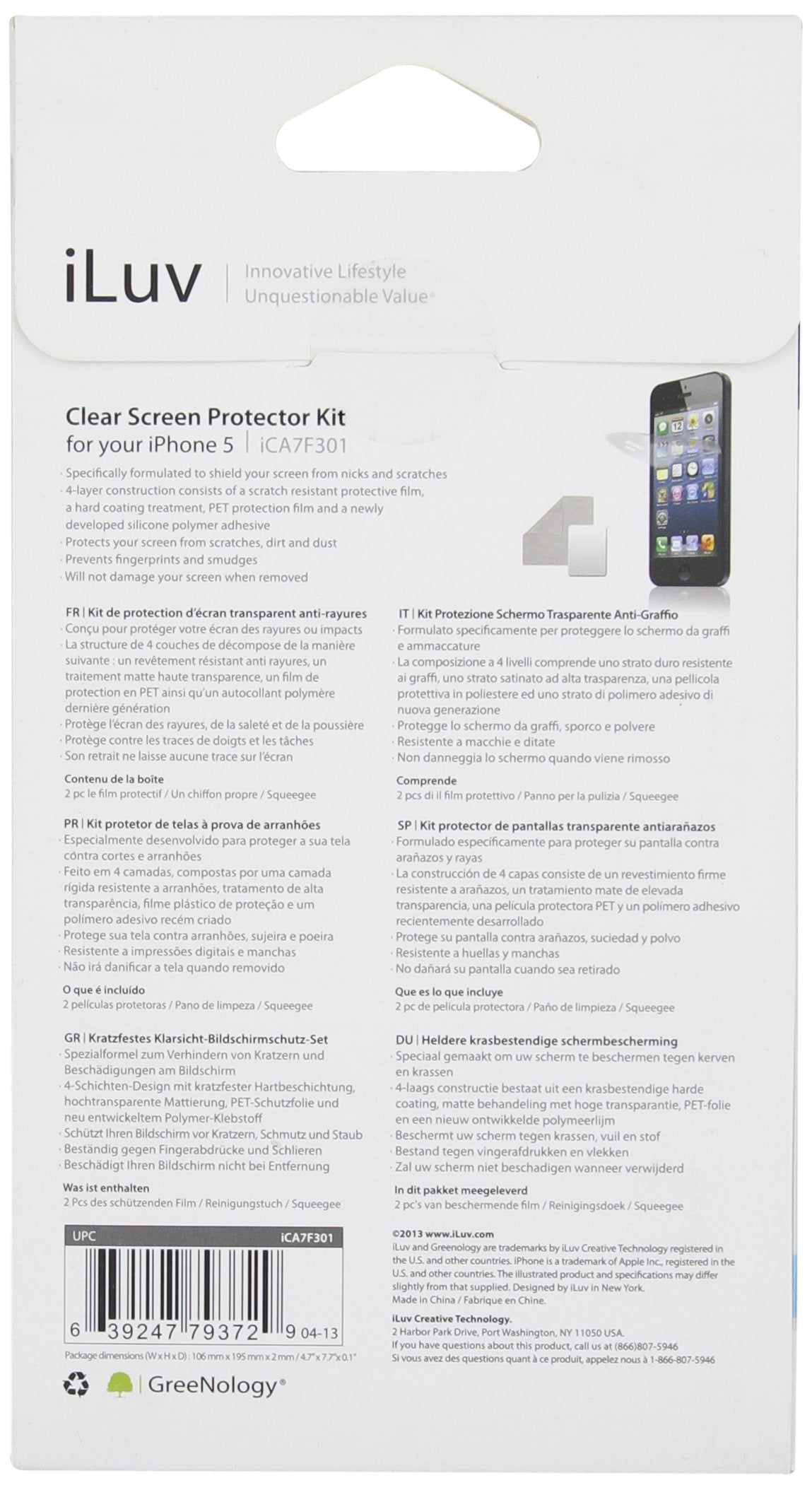 iLuv ICA7F301 Clear Protective Film Kit for iPhone 5 and iPhone 5S - 1 Pack - Screen Protectors - Retail Packaging - Cle
