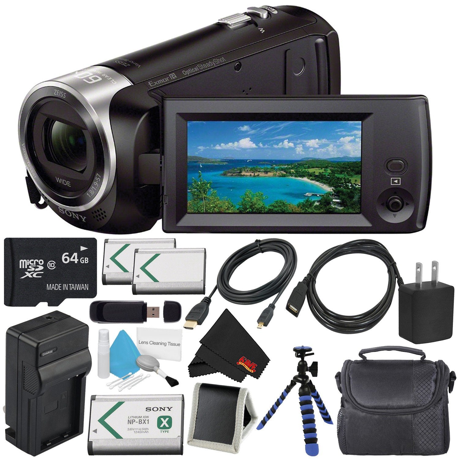 Sony HDR-CX405 HD Handycam HDRCX405/B + 64GB microSDXC + Carrying Case + Deluxe Cleaning Kit + Microfiber Cloth Bundle