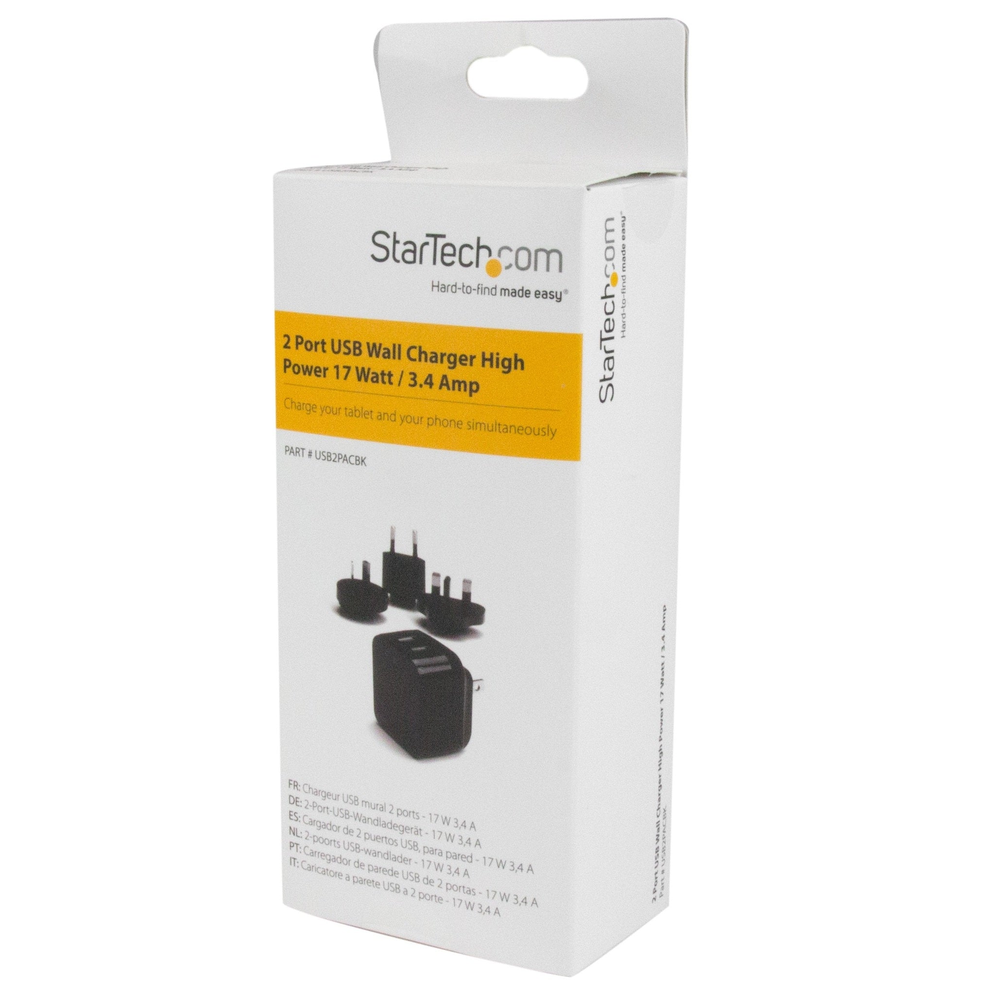 StarTech.com Travel USB Wall Charger - 2 Port - Black - Universal Travel Adapter - International Power Adapter - USB Cha