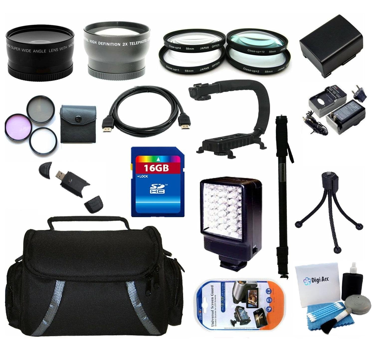 Advanced Accessory Kit Include Replacement Battery + Charger + 16GB Memory + Reader + Wide Angle Lens + Telephoto Lens + Filter Kit + Close UP Lens Kit + HDMI + Monopod + Flash Memory Camcorder