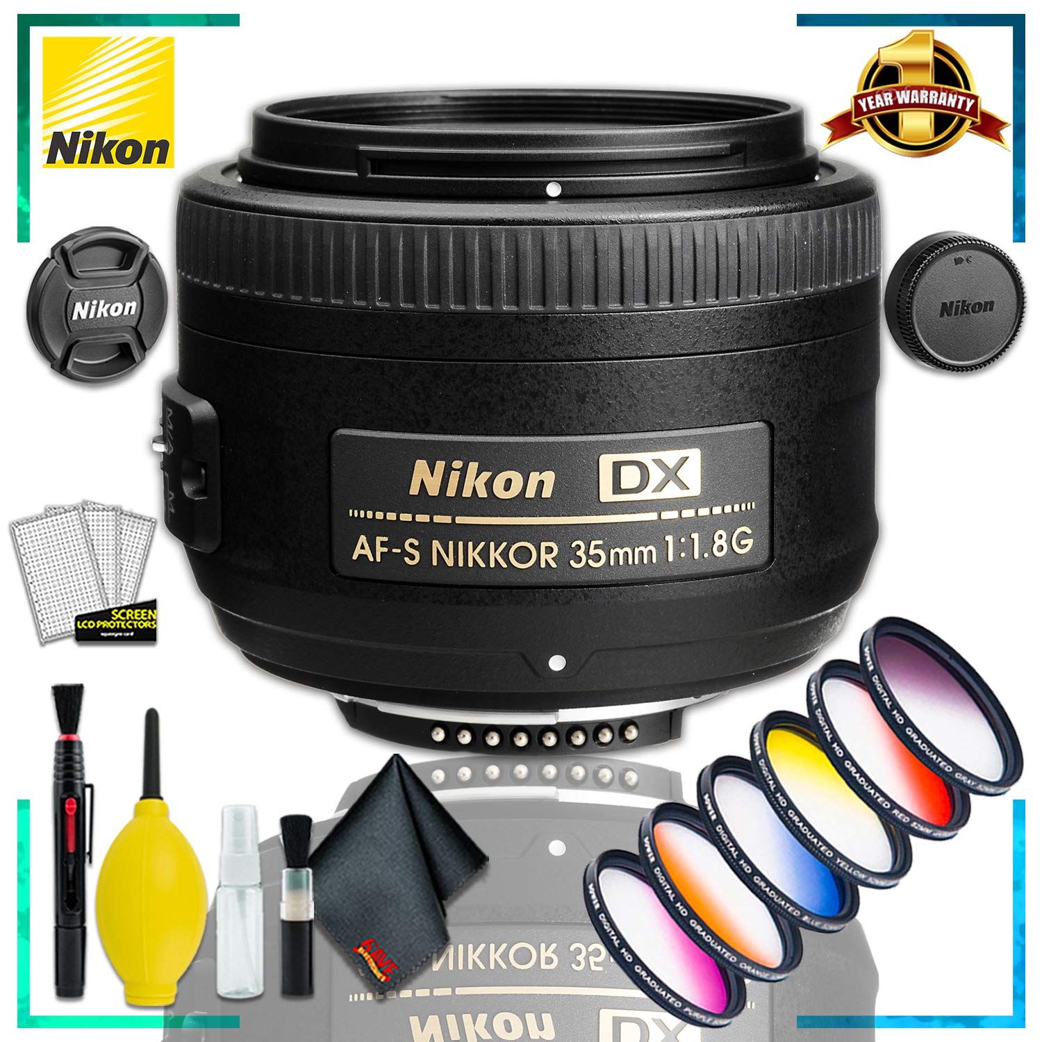 Nikon AF-S DX NIKKOR 35mm f/1.8G Lens + Vivitar Graduated Color Filter Kit + Cleaning Kit