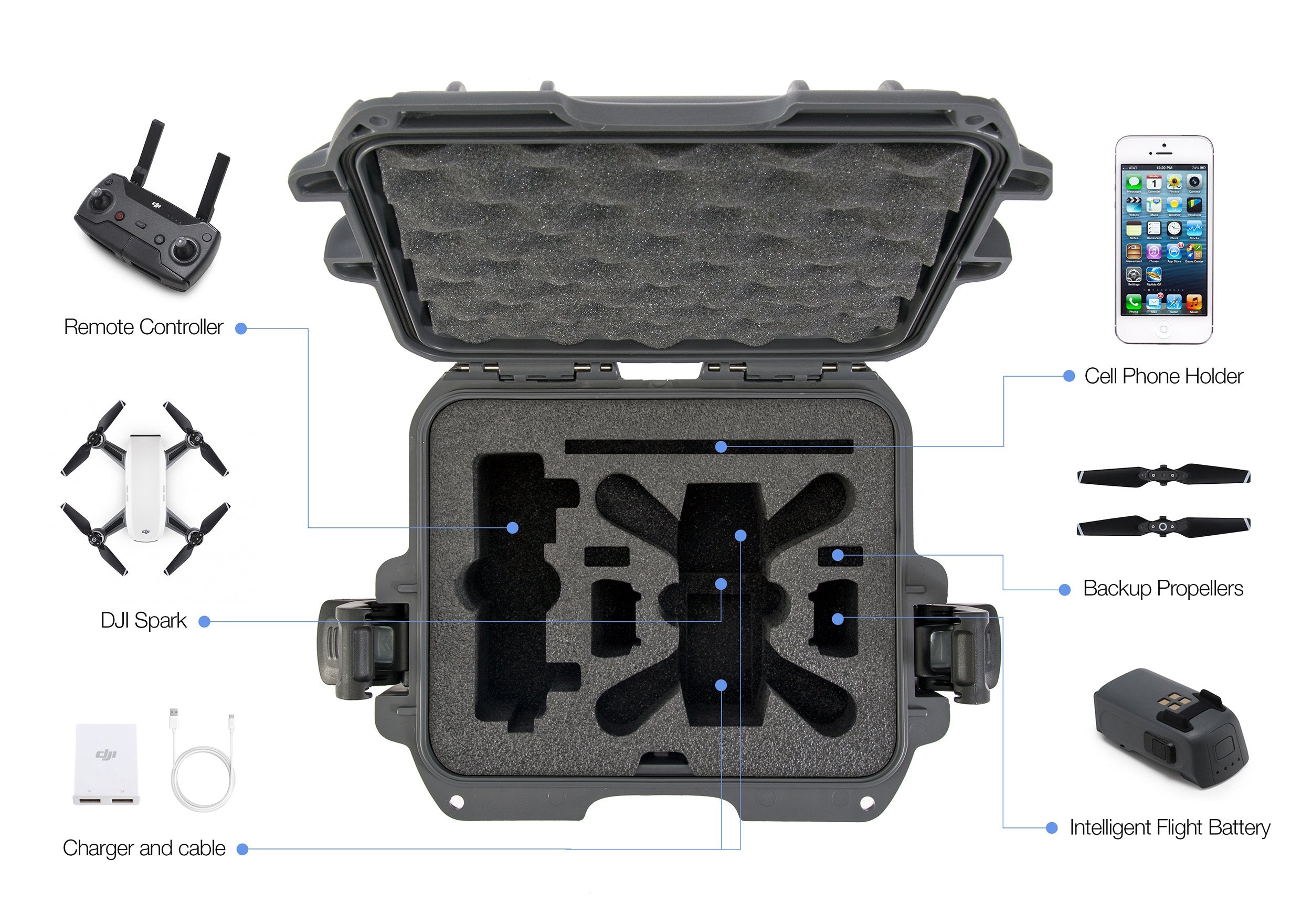 Nanuk 905 Waterproof Hard Drone Case with Custom Foam Insert for DJI Spark Graphite