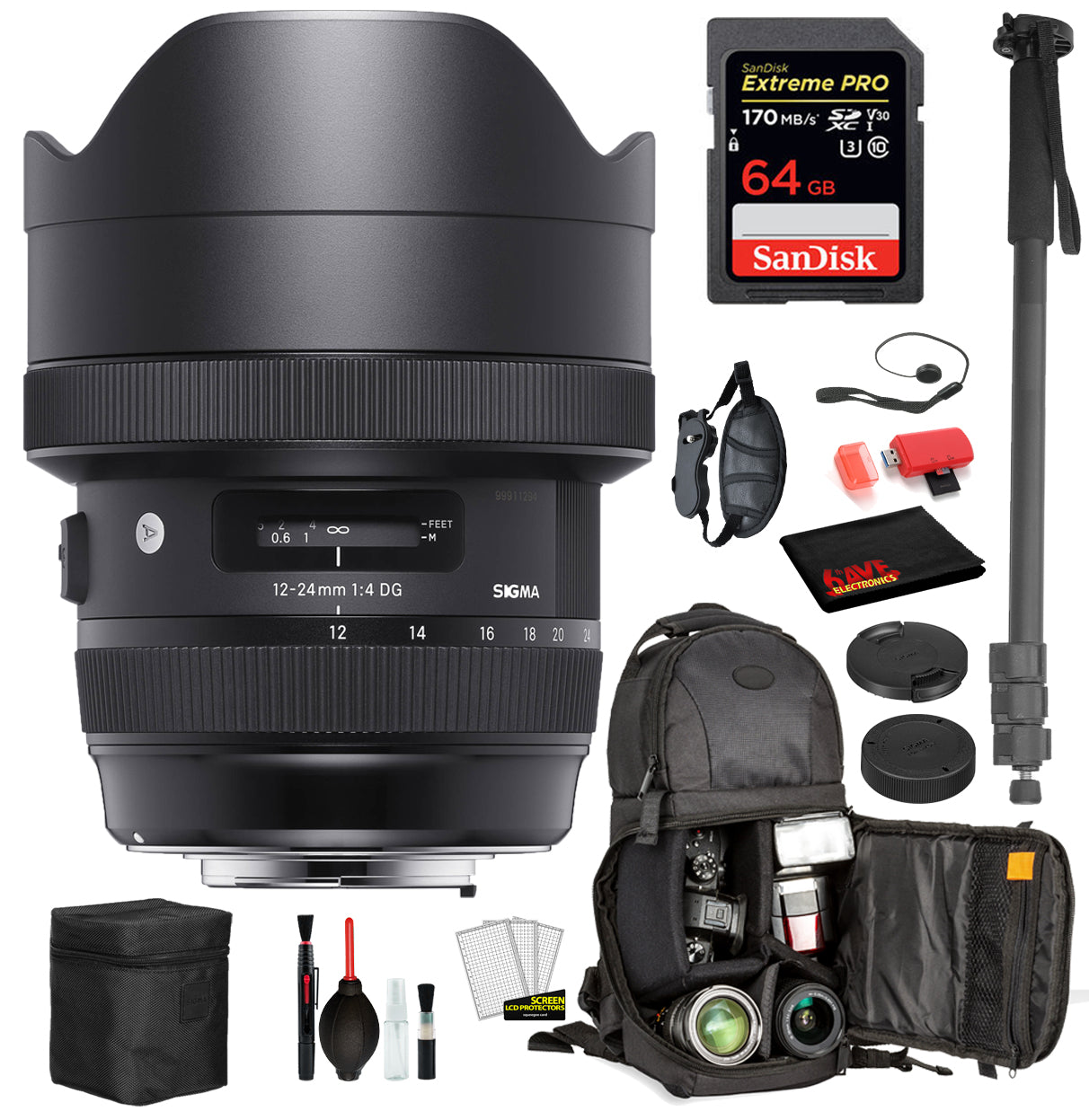 Sigma 12-24mm f/4 DG HSM Art Lens for Nikon F with Bundle: Sandisk extreme Pro 64gb SD Card, Sling Backpack + More