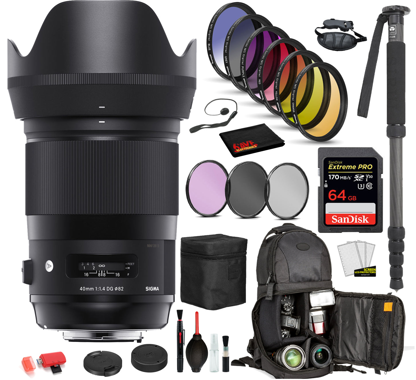 Sigma 40mm f/1.4 DG HSM Art Lens for Nikon F with Bundle: Sandisk Extreme Pro 64gb SD Card, 9PC Filter Kit + More