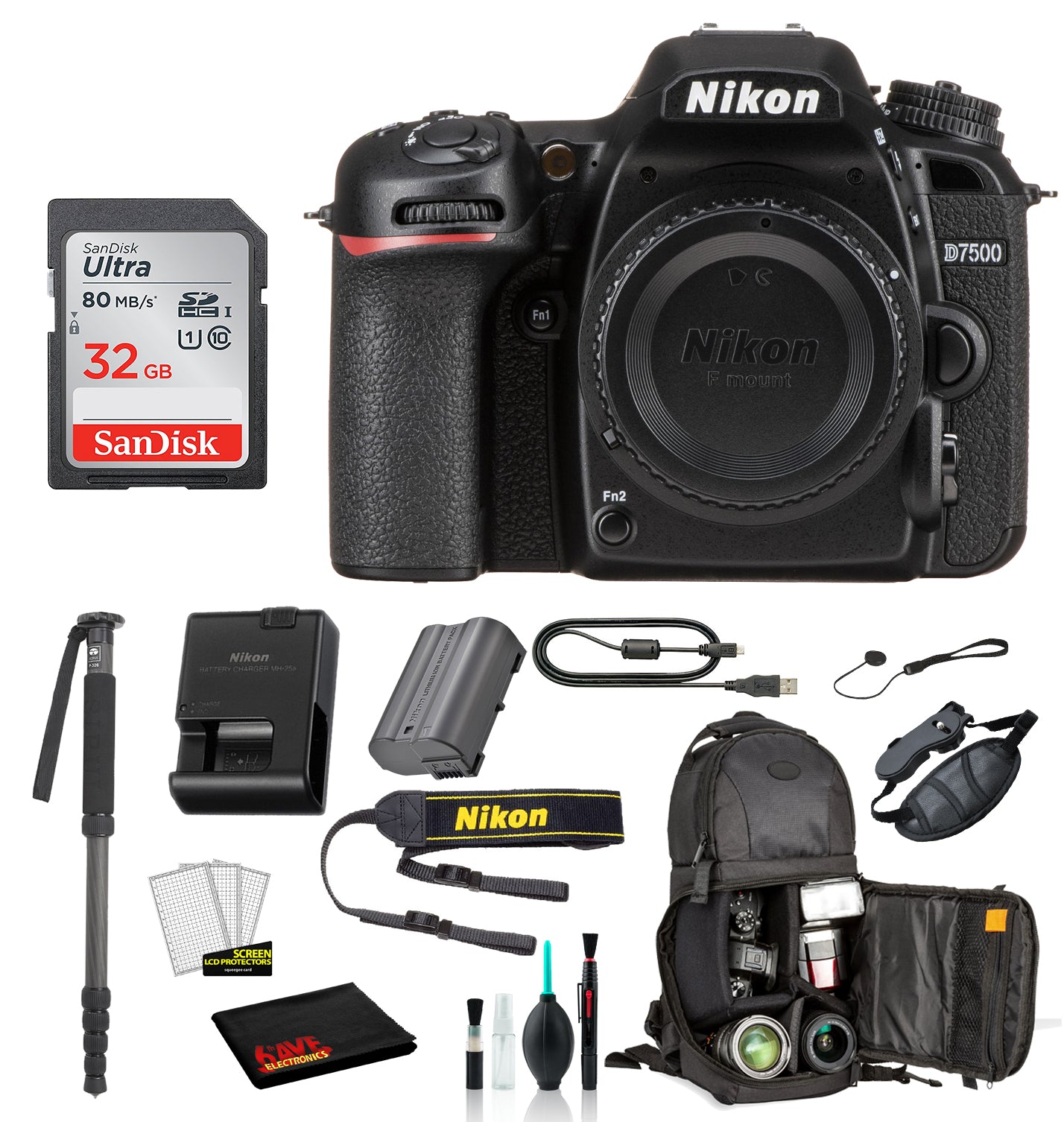 Nikon D7500 DSLR Camera (Body Only)  Bundle – Includes SanDisk  32GB SD Card + Sling Backpack + MORE - International