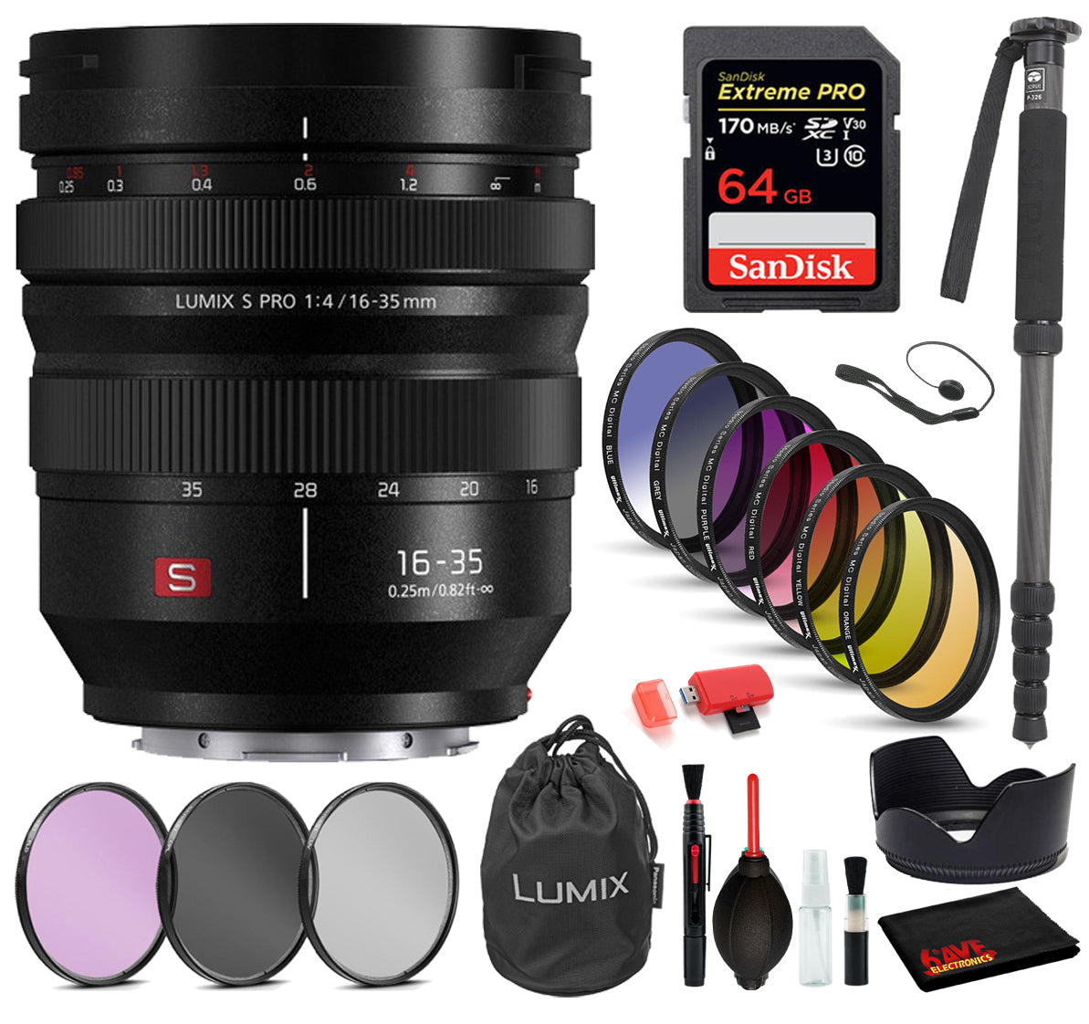 Panasonic Lumix S PRO 16-35mm f/4 Lens with: Sandisk Extreme Pro 64GB SD Card, 9PC Filter Kit + More