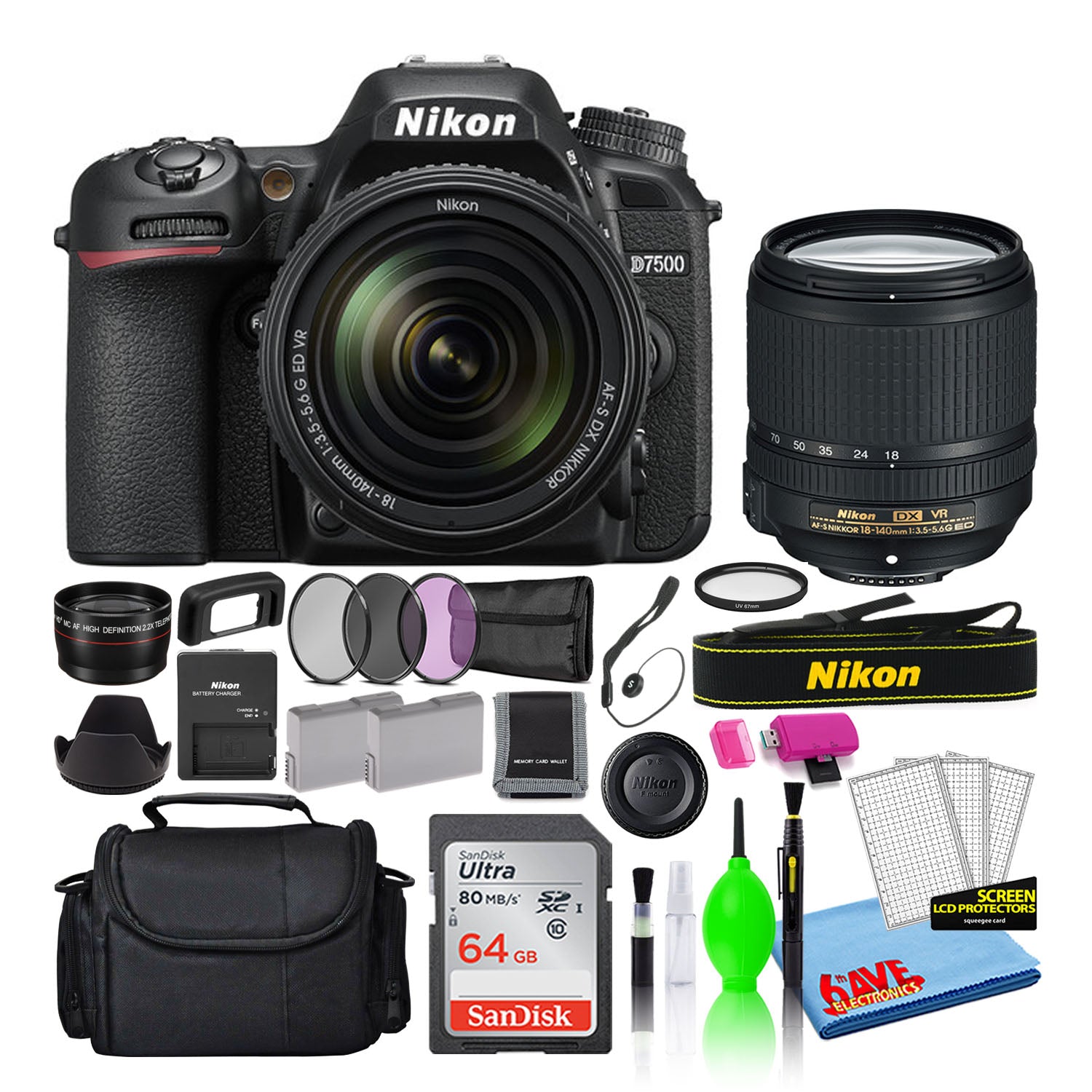 Nikon D7500 Digital Camera with 18-140mm VR Lens (1582) + 64GB Card + Bag (Intl)