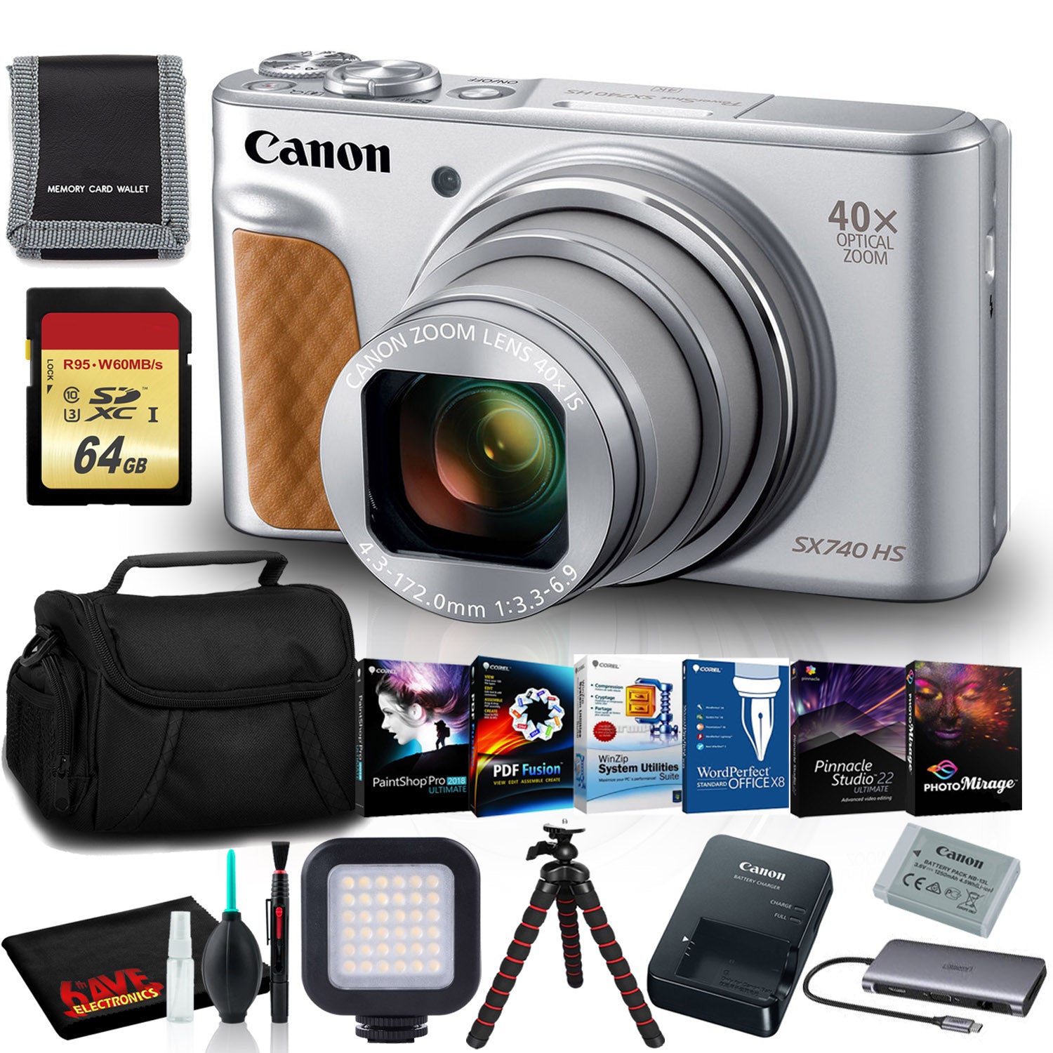 Canon PowerShot SX740 Digital Camera (Silver) with LED Light, Memory Card Bundle