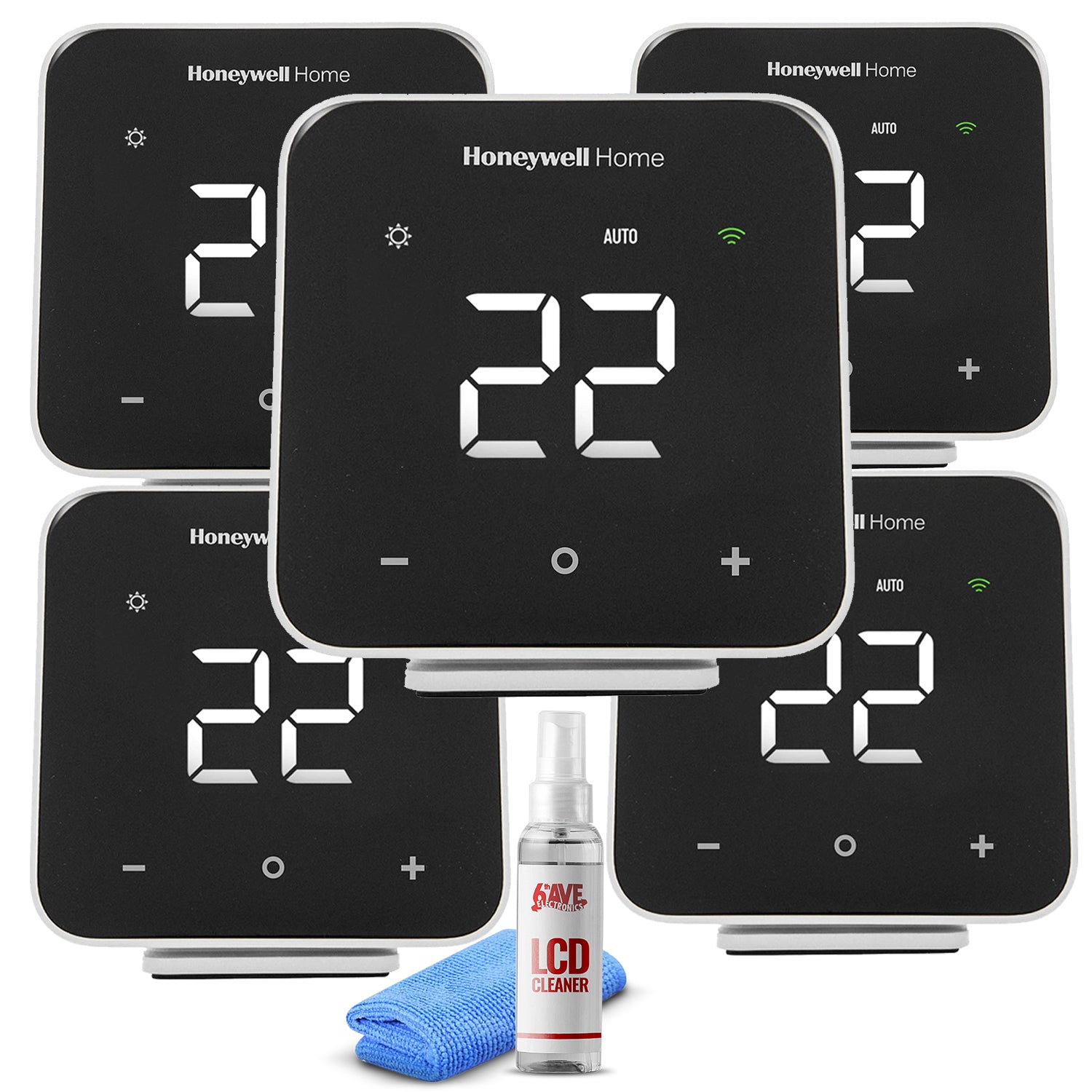 5-Pack Honeywell D6 Pro Wi-Fi Ductless Controller Black + LCD Cleaner