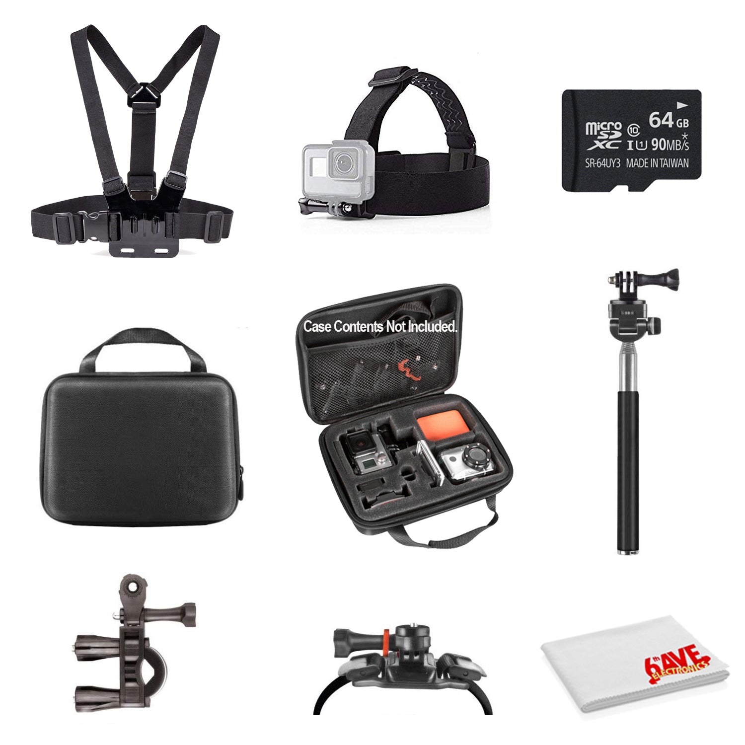 Basic Action Camera Accessory Kit Bundle With - 64GB MICRO SD CARD + MicroFiber Cleaning Cloth