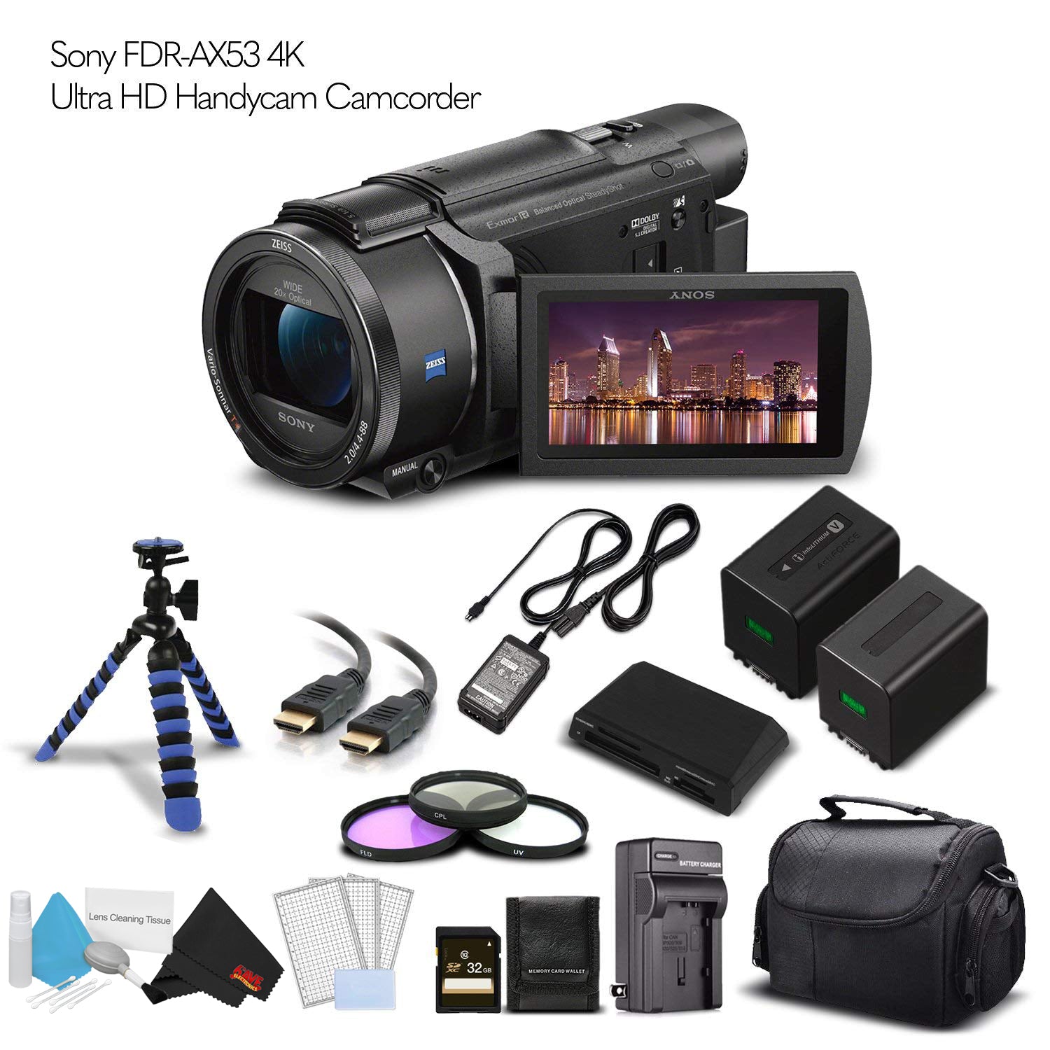 Sony FDR-AX53 4K Ultra HD Handycam Camcorder International Version With Extra Battery, Case, Memory Card Base Bundle