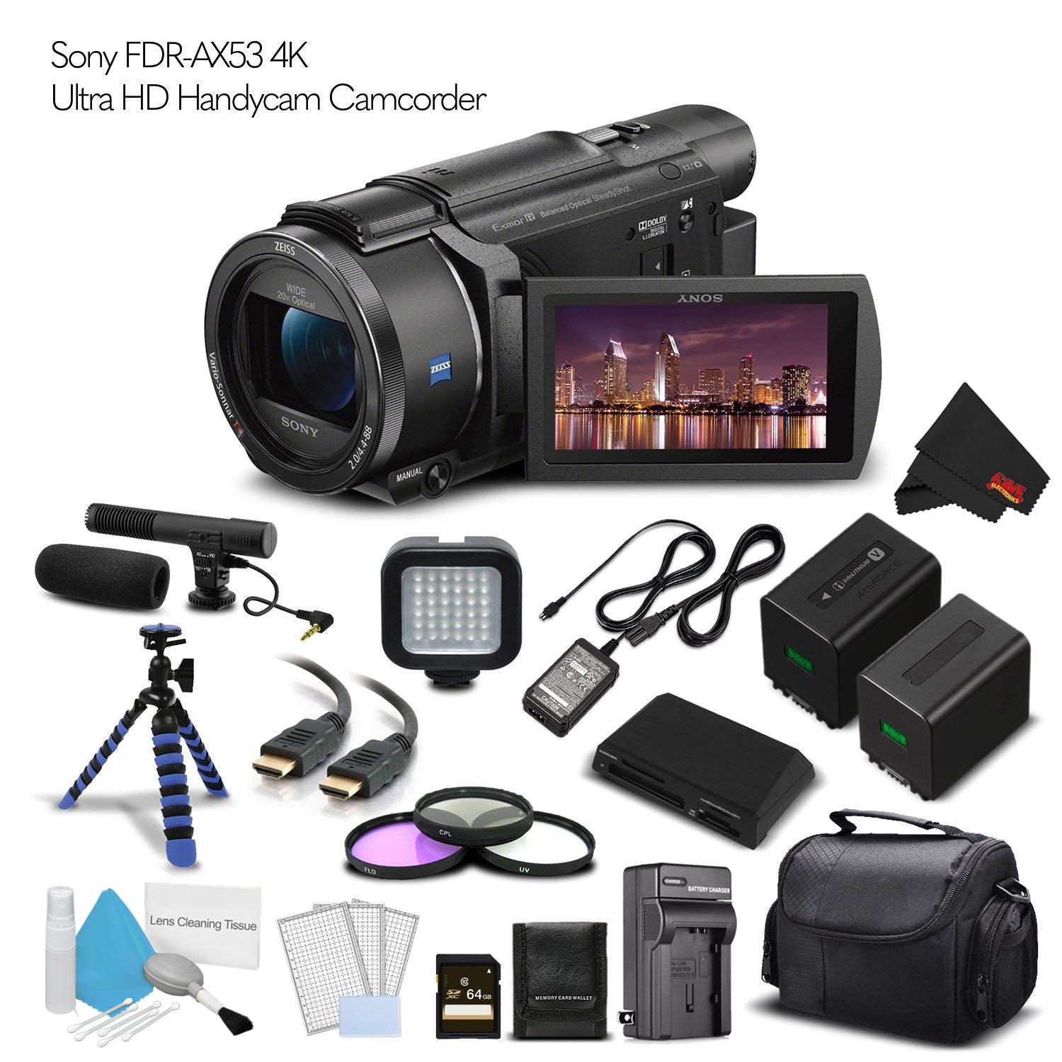 Sony FDR-AX53 4K Ultra HD Handycam Camcorder International Version Extra Battery with Charger + 64GB Memory Card + Tripod Starter Bundle