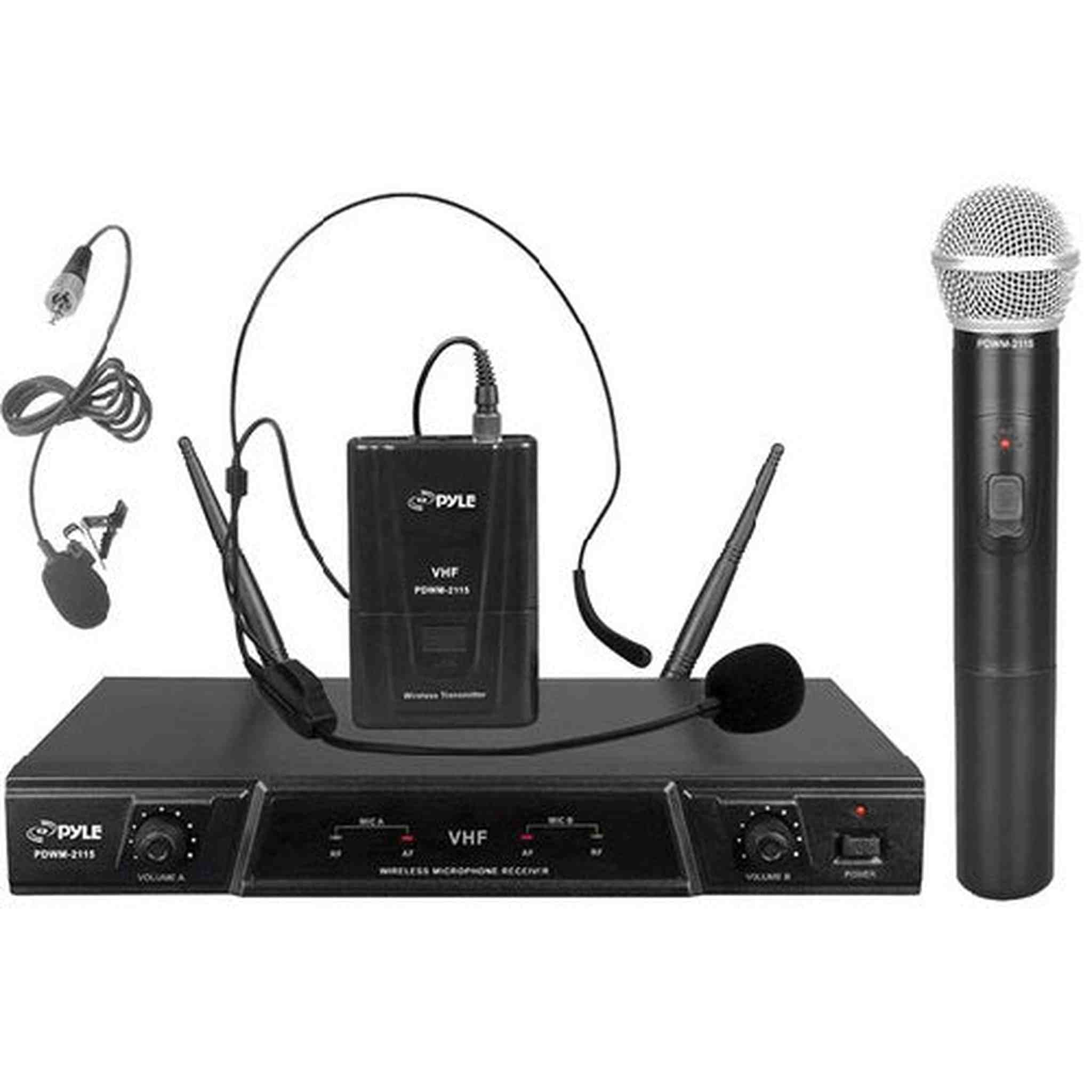 Dual Channel Wireless Microphone System - Portable VHF Audio Mic Set with Clip Lavalier lapel, Handheld, Headset, Transmitter, ¼’’ cable, power adapter - For Karaoke, PA DJ - Pyle Pro PDWM2115 Pyle