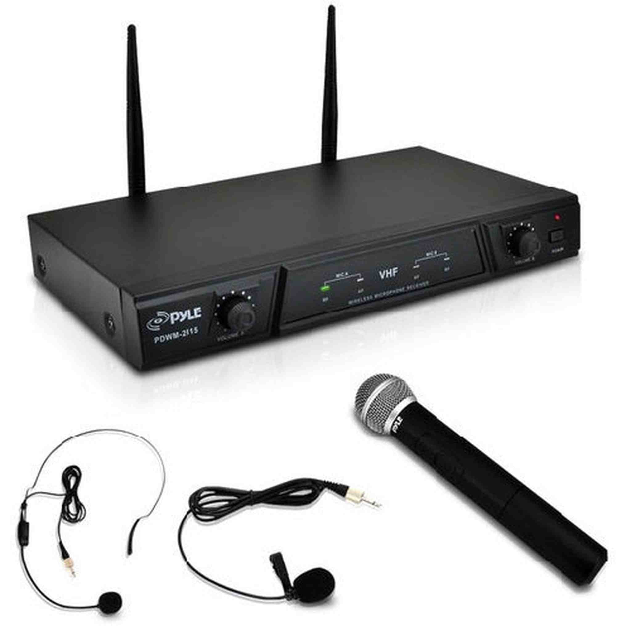 Dual Channel Wireless Microphone System - Portable VHF Audio Mic Set with Clip Lavalier lapel, Handheld, Headset, Transmitter, ¼’’ cable, power adapter - For Karaoke, PA DJ - Pyle Pro PDWM2115 Pyle