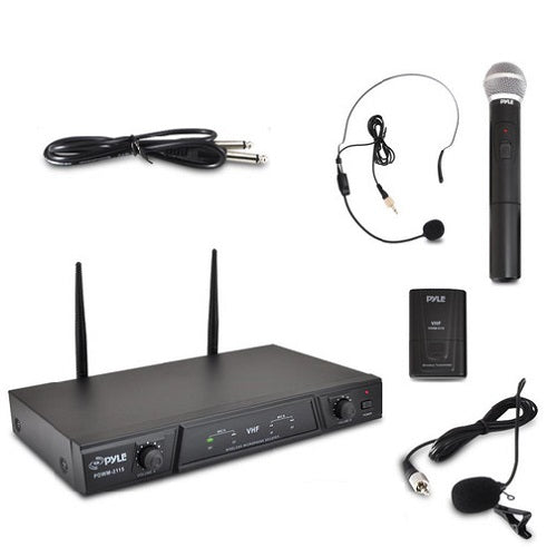 Dual Channel Wireless Microphone System Portable VHF Audio Mic Set with Clip Lavalier lapel Handheld Headset Transmitter cable power