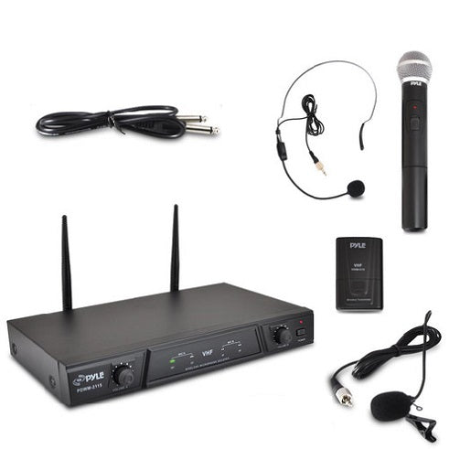 Dual Channel Wireless Microphone System - Portable VHF Audio Mic Set with Clip Lavalier lapel, Handheld, Headset, Transmitter, ¼’’ cable, power adapter - For Karaoke, PA DJ - Pyle Pro PDWM2115