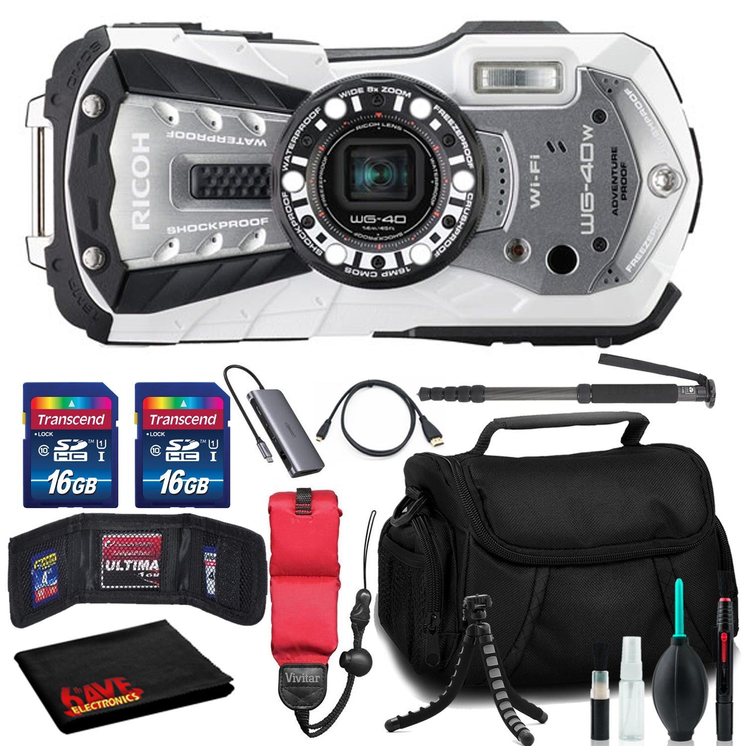 RICOH WG-40W Waterproof Digital Camera with Memory Kit, Float, Tripod, and More