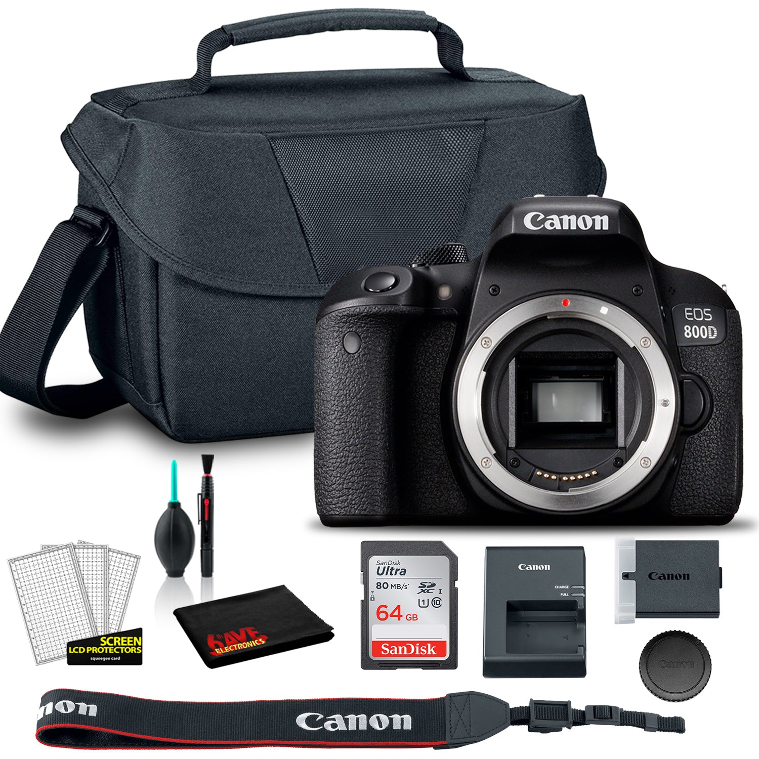 Canon EOS 800D DSLR Camera (Body Only) (1894C001AA) +  EOS Bag +  Sandisk Ultra 64GB Card + Clean and Care Set (International Model)
