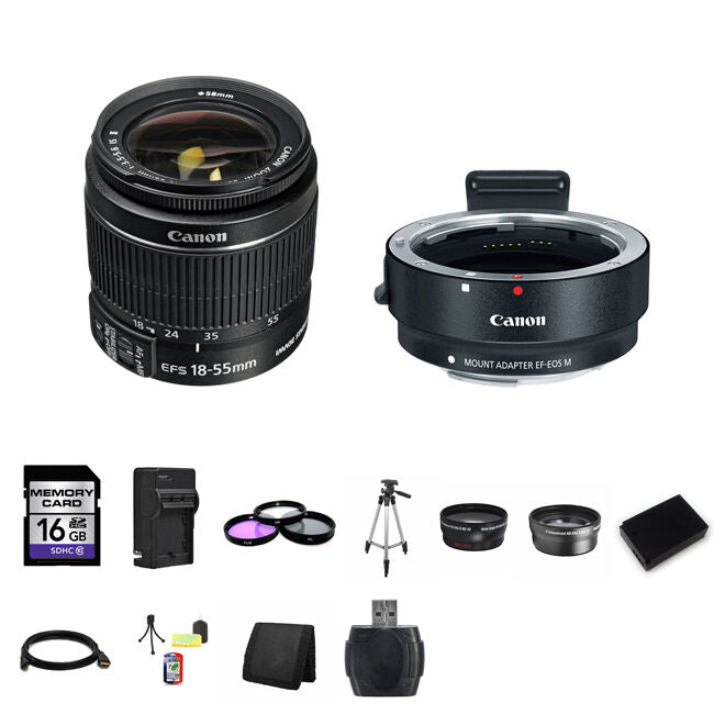 Canon EF-S 18-55mm Lens w/EF-M Adapter For EF/EF-S Lenses 16GB Starter Bundle