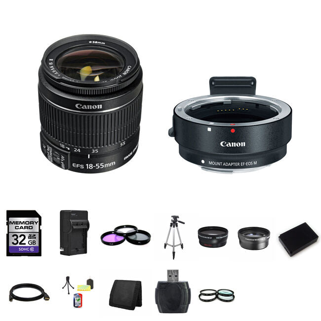 Canon EF-S 18-55mm Lens w/EF-M Adapter For EF/EF-S Lenses 32GB Pro Bundle