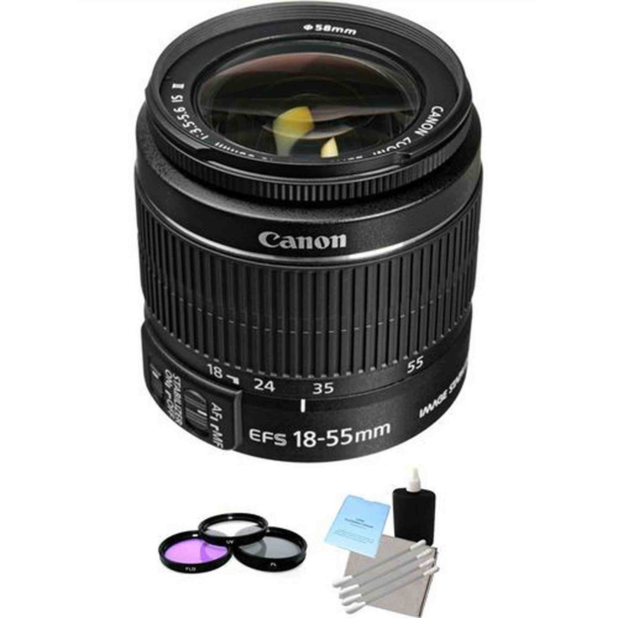 Canon EF-S 18-55mm F/3.5-5.6 II IS Lens + 3 Piece Filter Kit & Lens Cleaning Kit Starter Bundle Canon