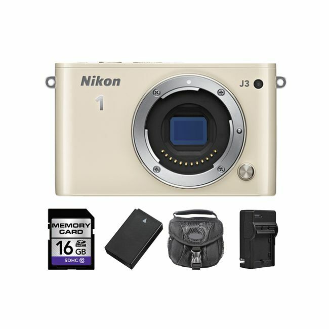 Nikon 1 J3 Mirrorless Digital Camera - Beige + 2 Batteries, 16GB Base Bundle