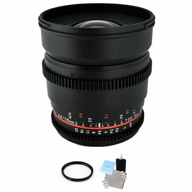 Rokinon 16mm T2.2 Cine Lens for Nikon F + UV Filter & Cleaning Kit Bundle