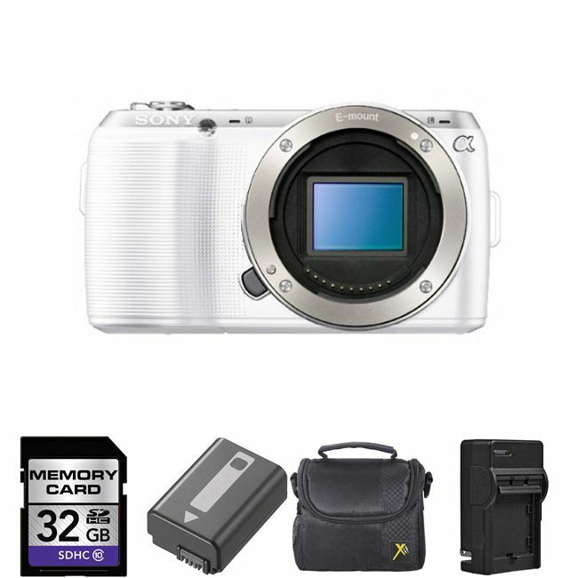 Sony NEX-C3 Digital Camera - White (Body) + 2 Batteries, 32GB Base Bundle