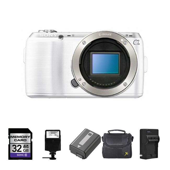 Sony NEX-C3 Digital Camera - White (Body) + 2 Batteries, 32GB, Flash Starter Bundle